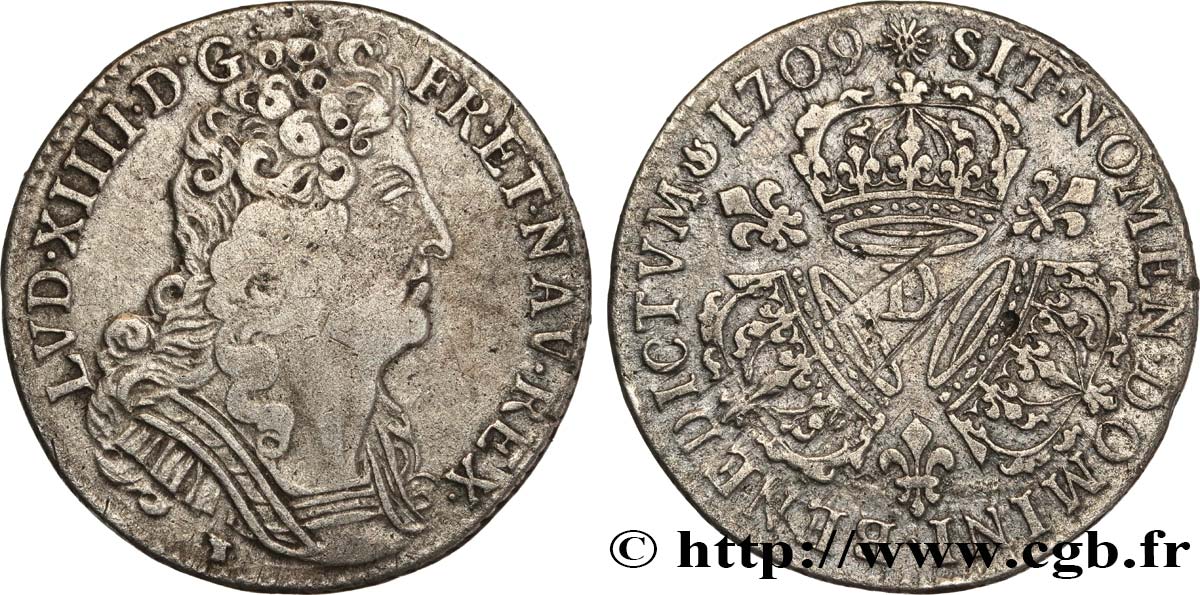 LOUIS XIV  THE SUN KING  Quart d écu aux trois couronnes 1709 Lyon VF/XF