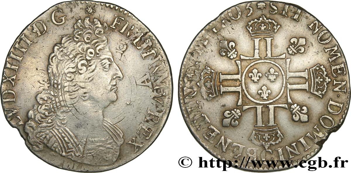 LOUIS XIV  THE SUN KING  Demi-écu aux huit L, 2e type, frappe médaille 1705 Caen BC+/MBC