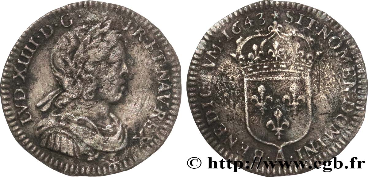 LOUIS XIV  THE SUN KING  Vingt-quatrième d écu à la mèche courte et légende longue (essai) 1643 Paris, Monnaie de Matignon fSS