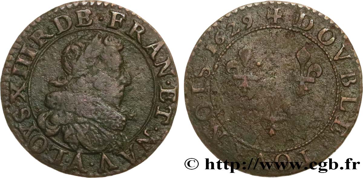 LOUIS XIII LE JUSTE Double tournois, type 6 de Paris 1629 Paris TB+/TB