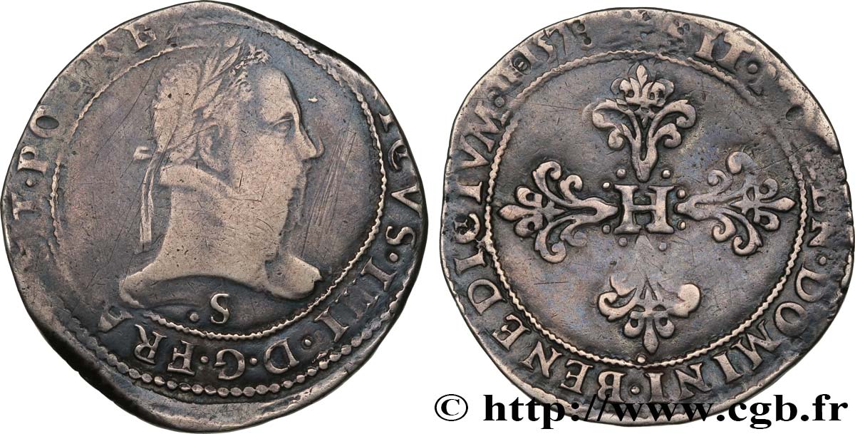 HENRI III Franc au col plat 1578 Troyes TB+
