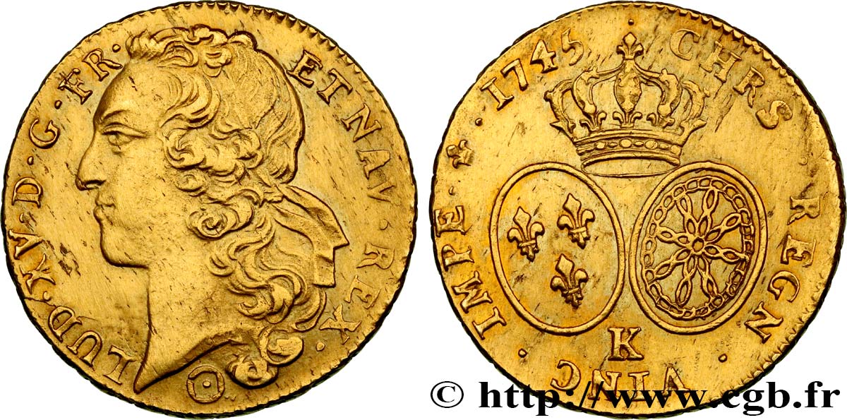 LOUIS XV THE BELOVED Double louis d’or aux écus ovales, tête ceinte d’un bandeau 1745 Bordeaux AU/AU