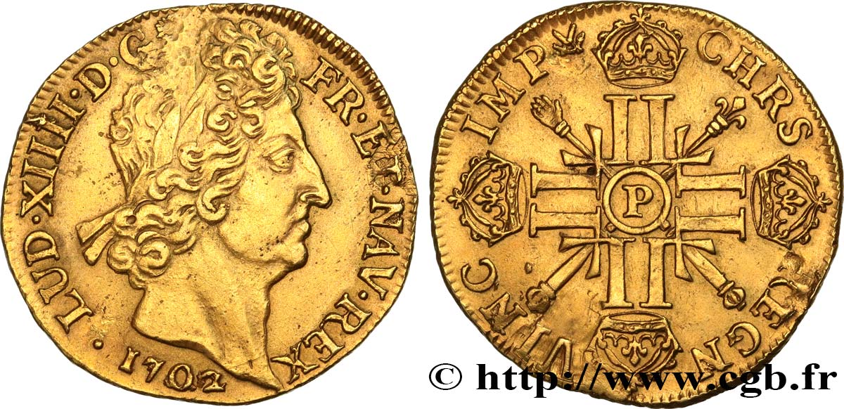 LOUIS XIV  THE SUN KING  Double louis d or aux huit L et aux insignes 1702 Dijon fVZ