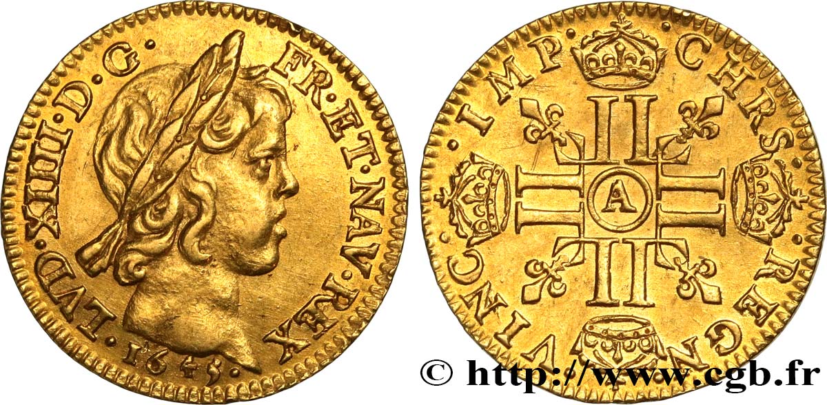 LOUIS XIV  THE SUN KING  Demi-louis d or aux huit L, portrait à la mèche courte 1645 Paris AU