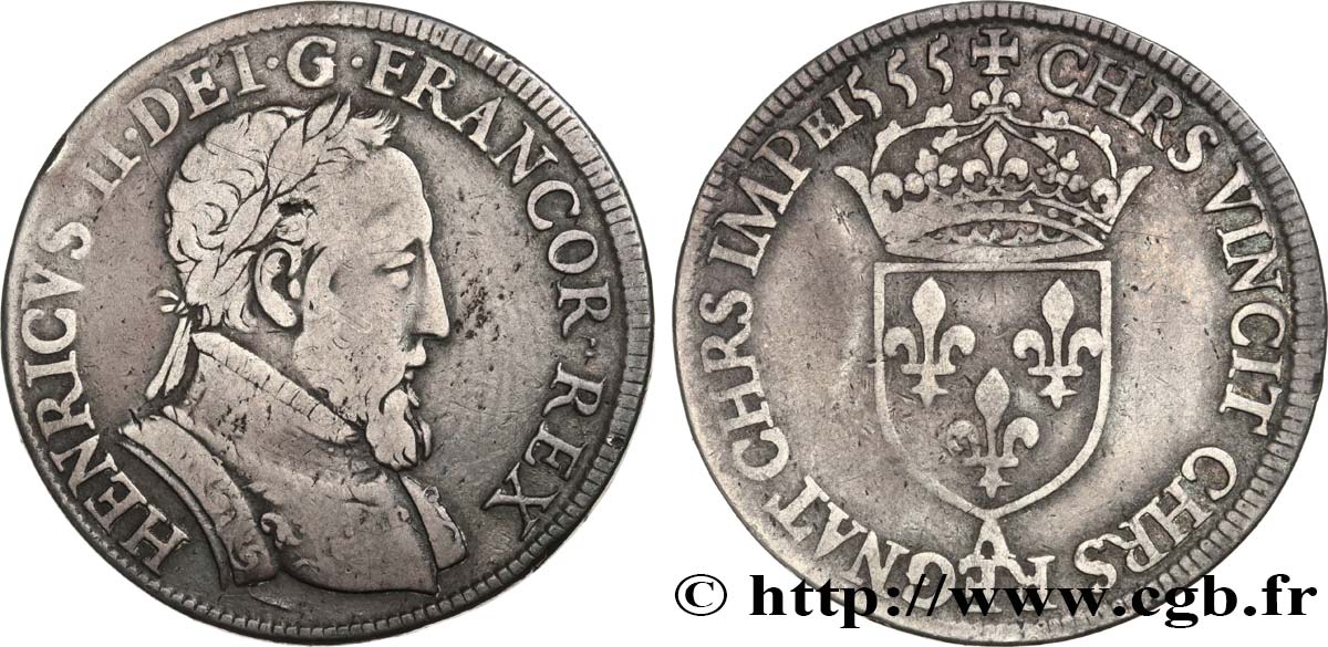 HENRY II Teston au buste lauré, 1er type, fabriqué au moulin 1555 Paris, Moulin des Étuves q.BB