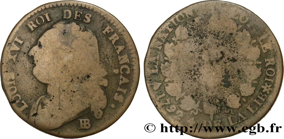LOUIS XVI (MONARQUE CONSTITUTIONNEL)  12 deniers dit  au faisceau , type FRANÇAIS 1792 Strasbourg B