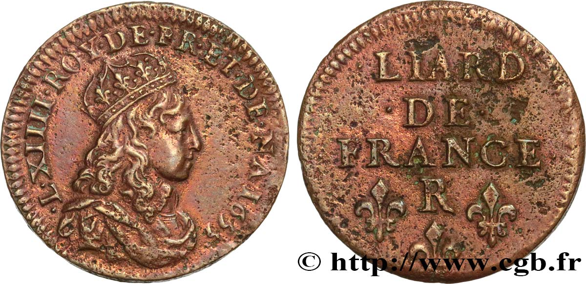 LOUIS XIV  THE SUN KING  Liard de cuivre, 2e type 1655 Nîmes XF