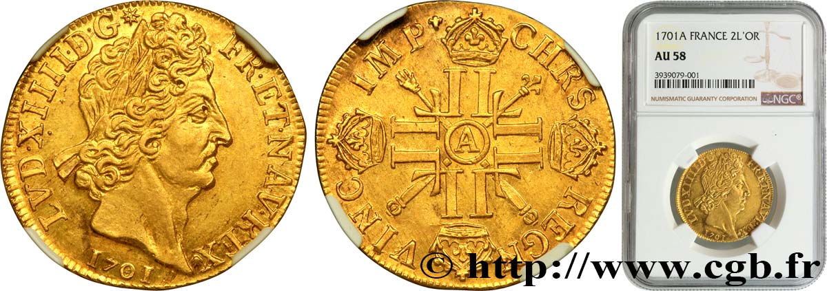 LOUIS XIV  THE SUN KING  Double louis d or aux huit L et aux insignes 1701 Paris VZ58