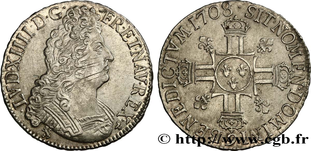 LOUIS XIV  THE SUN KING  Écu aux huit L, 2e type 1708 Rennes AU