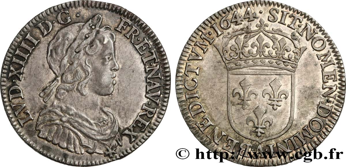 LOUIS XIV LE GRAND OU LE ROI SOLEIL Quart d écu, portrait à la mèche courte 1644 Paris, Monnaie de Matignon SUP