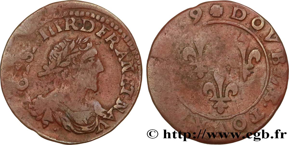 LOUIS XIII LE JUSTE Double tournois au grand buste viril drapé 1639 Ateliers de l’axe Loire-Rhône B+