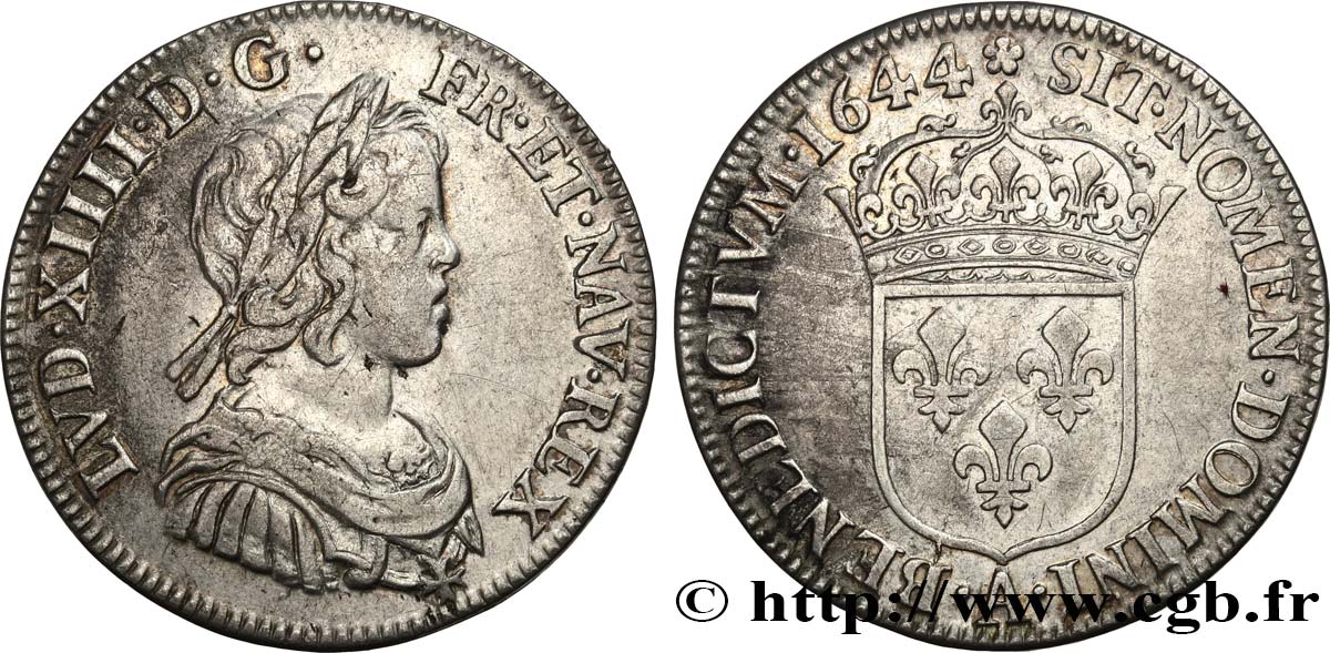 LOUIS XIV  THE SUN KING  Quart d écu, portrait à la mèche courte 1644 Paris, Monnaie de Matignon BC