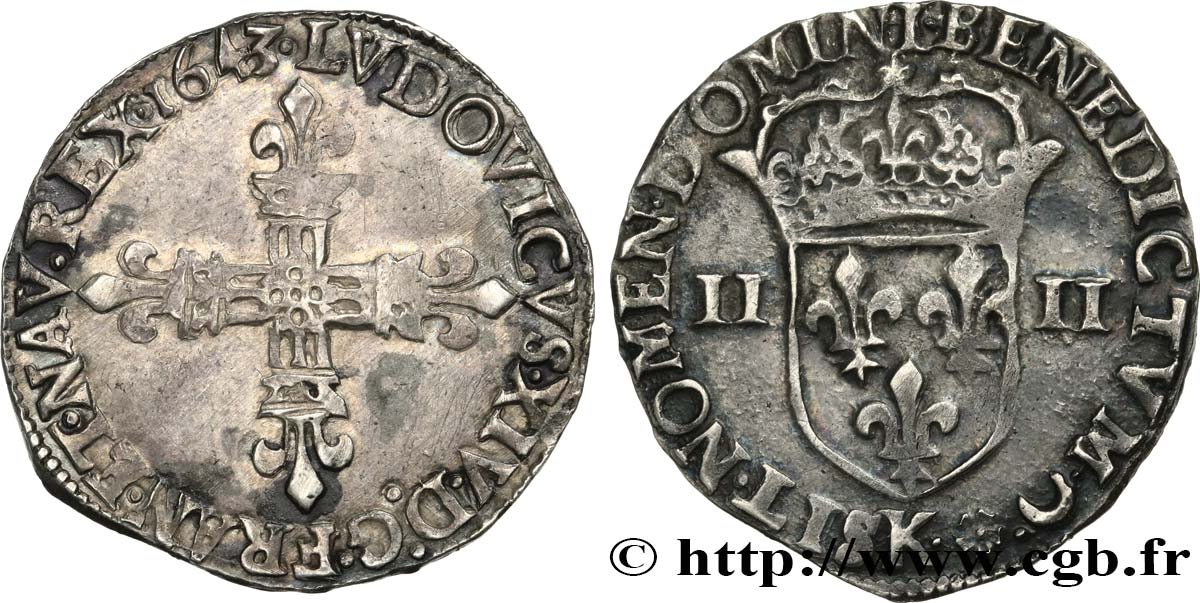 LOUIS XIV  THE SUN KING  Quart d écu, titulature côté croix 1643 Bordeaux AU