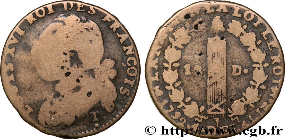 LOUIS XVI (MONARQUE CONSTITUTIONNEL) 12 deniers dit au faisceau , type FRANÇOIS 1792 Saumur B/B+