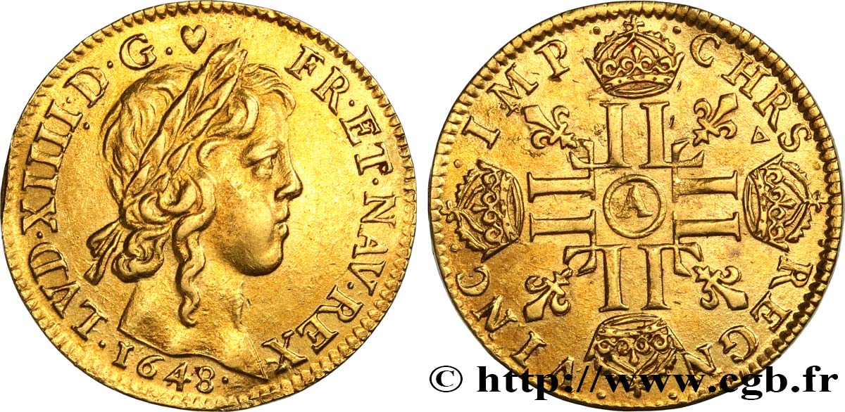 LOUIS XIV  THE SUN KING  Louis d’or aux huit L, portrait à la mèche longue 1648 Paris EBC