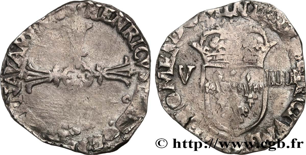 HENRI IV LE GRAND Huitième d écu, croix bâtonnée et fleurdelisée de face 1605 Rouen B/B+