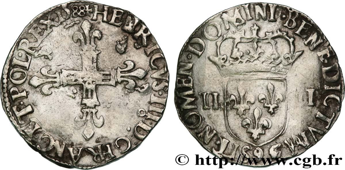 HENRY III Quart d écu, croix de face 1588 Rennes BC+