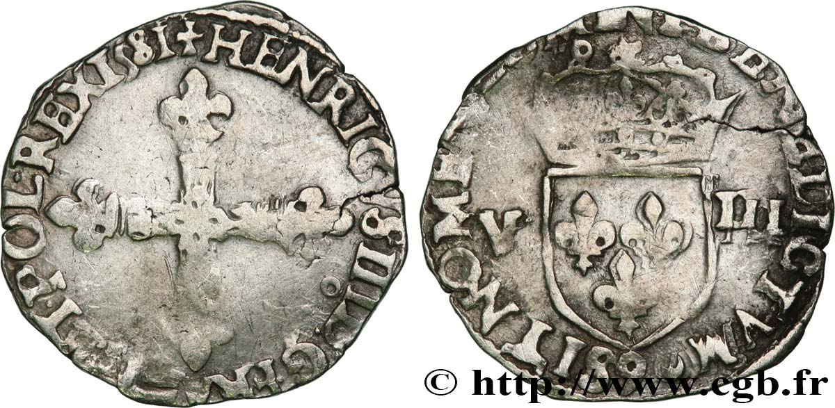 HENRY III Huitième d écu, croix de face 1581 Rennes q.BB