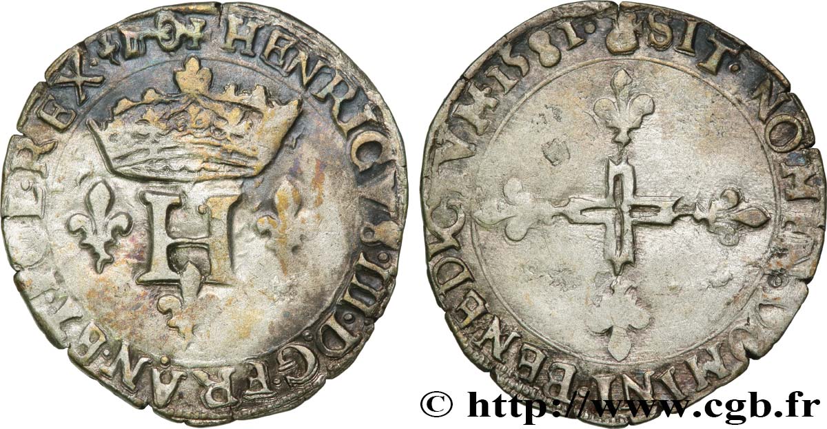 HENRI III Double sol parisis, 2e type 1581 Dijon TB
