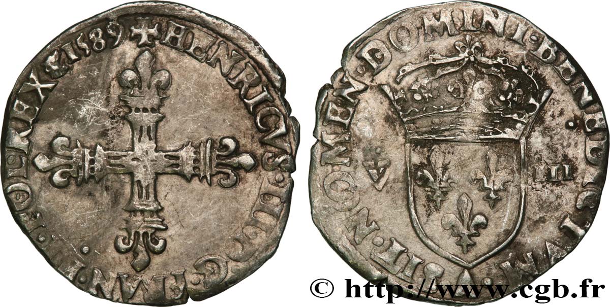 HENRI III Huitième d écu, croix de face 1589 Paris TB