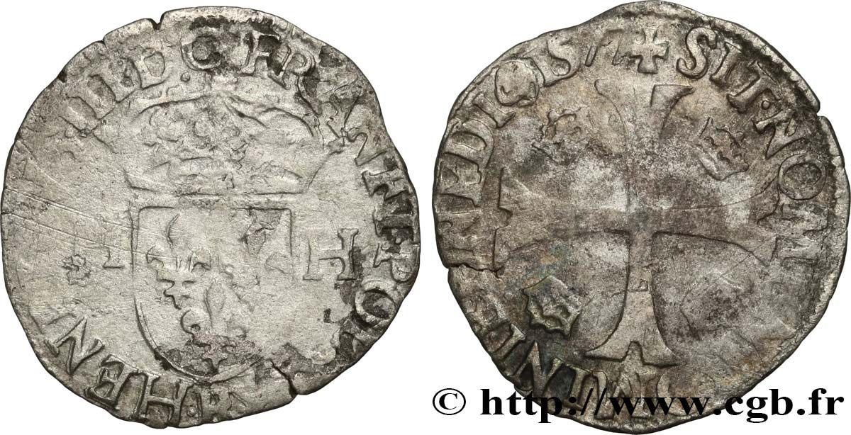 HENRY III Douzain aux deux H, 1er type 1577 Rouen RC+