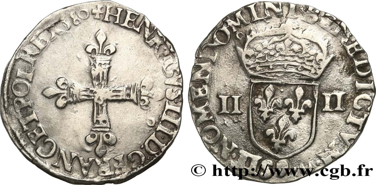 HENRI III Quart d écu, croix de face 1580 Rennes TB+