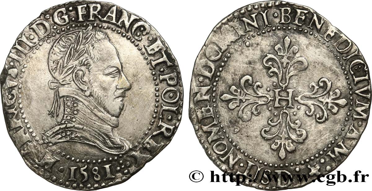 HENRY III Demi-franc au col plat 1581 Lyon XF
