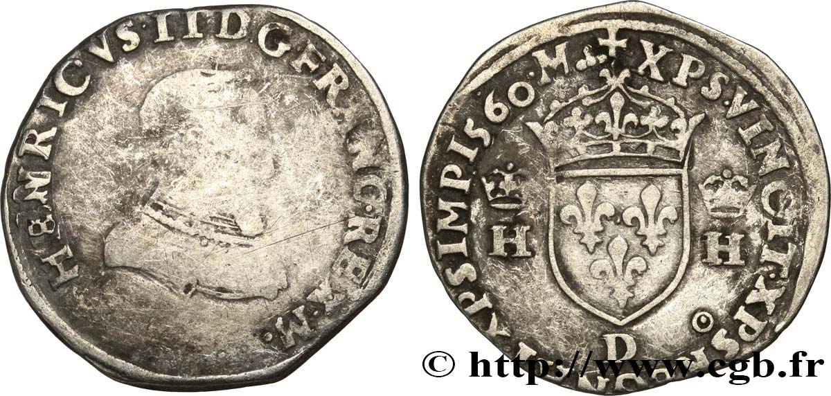 FRANCIS II. COINAGE AT THE NAME OF HENRY II Demi-teston à la tête nue, 1er type 1560 Lyon VF/XF