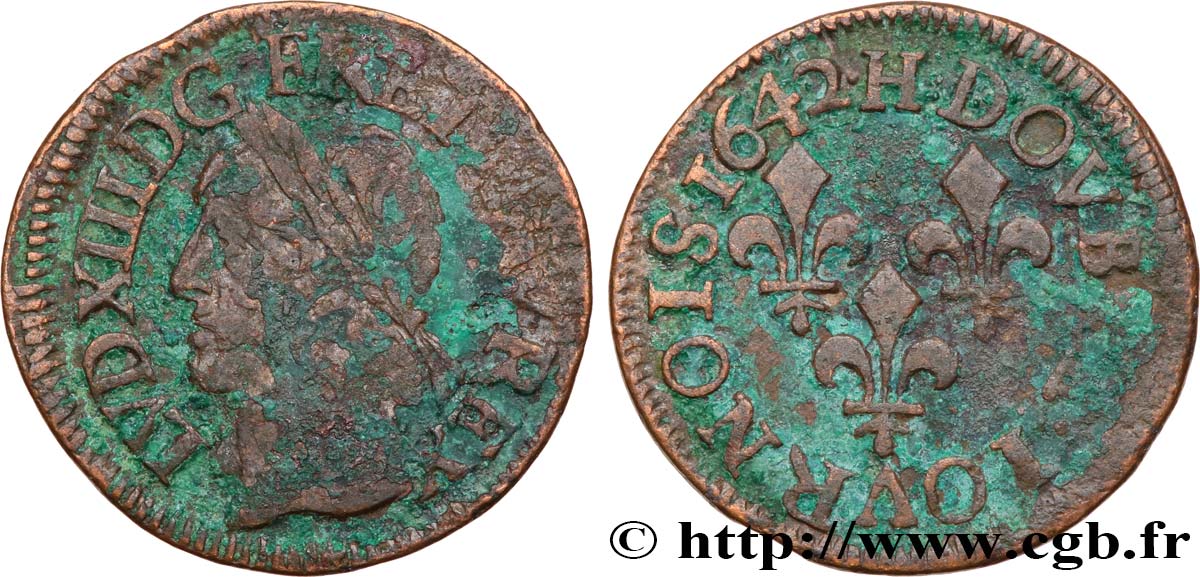 LOUIS XIII LE JUSTE Double tournois, type de Warin 1642 La Rochelle TB