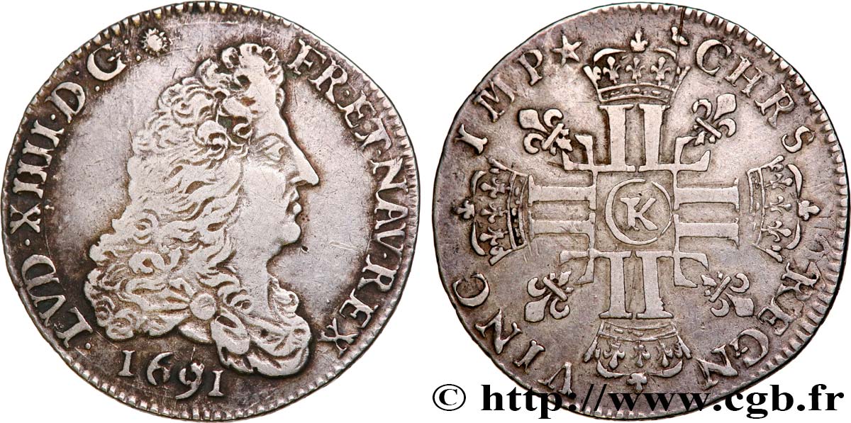 LOUIS XIV  THE SUN KING  Quart d écu aux huit L, 1er type 1691 Bordeaux VF