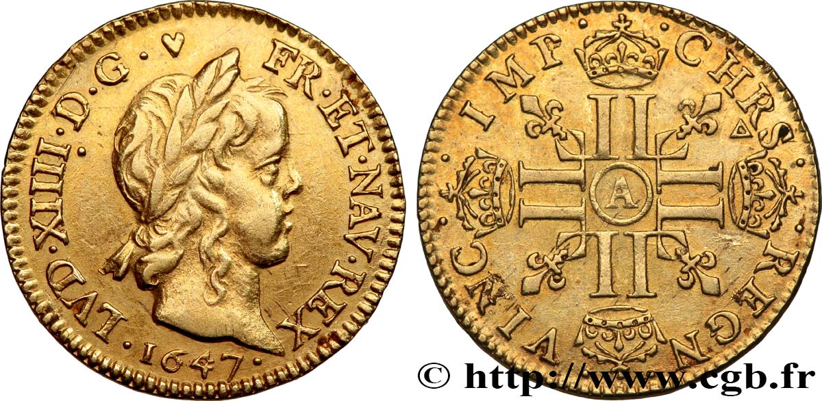 LOUIS XIV  THE SUN KING  Demi-louis d’or aux huit L, portrait à la mèche longue 1647 Paris q.SPL/SPL