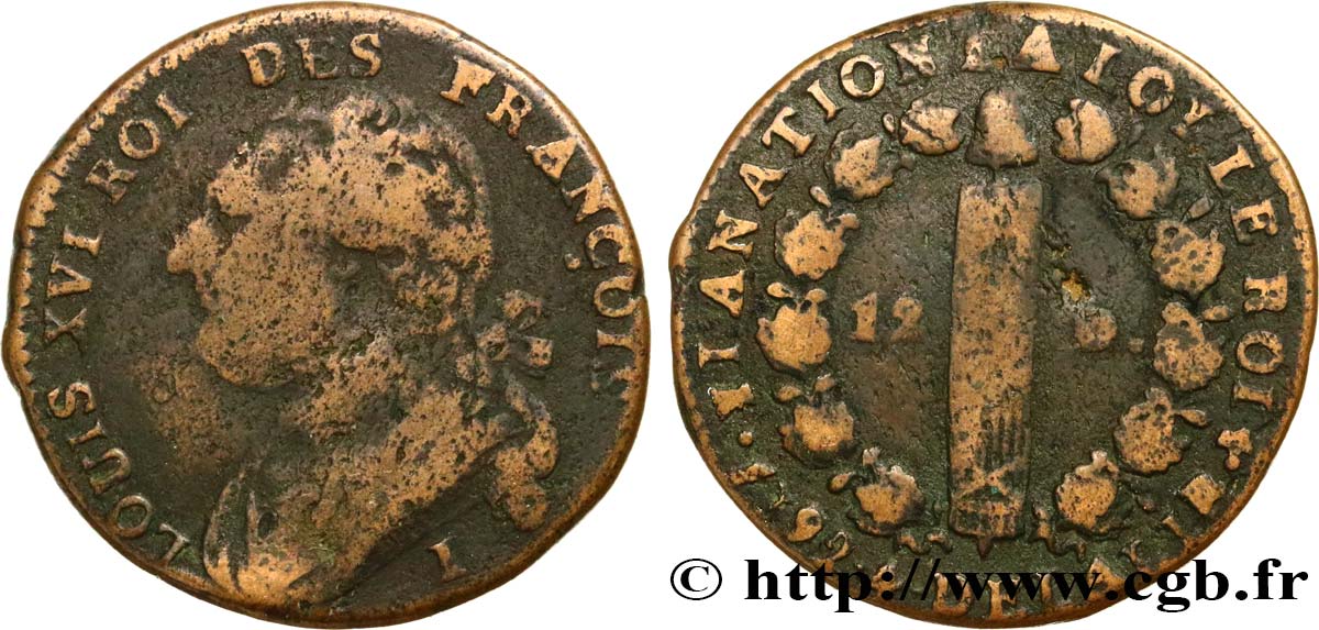 LOUIS XVI (MONARQUE CONSTITUTIONNEL) 12 deniers dit au faisceau , type FRANÇOIS 1792 Limoges TB