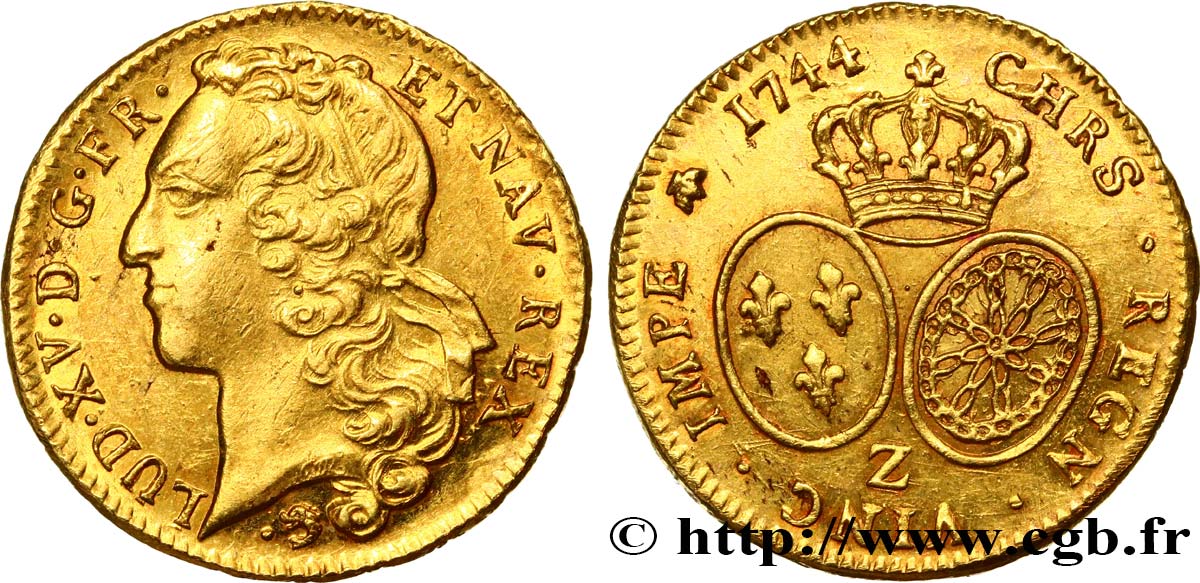 LOUIS XV THE BELOVED Double louis d’or aux écus ovales, tête ceinte d’un bandeau 1744 Grenoble AU
