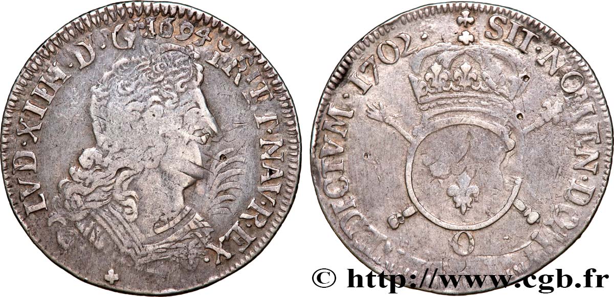 LOUIS XIV  THE SUN KING  Quart d écu aux insignes 1702 Riom MB