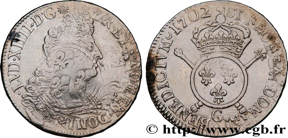 LOUIS XIV  THE SUN KING  Écu aux insignes 1702 Poitiers S/fSS