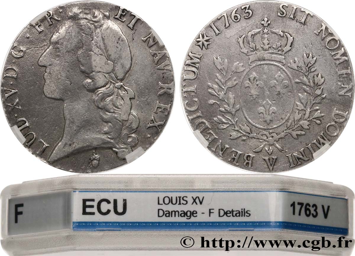 LOUIS XV  THE WELL-BELOVED  Écu aux branches d’olivier, tête ceinte d’un bandeau 1763 Troyes VF