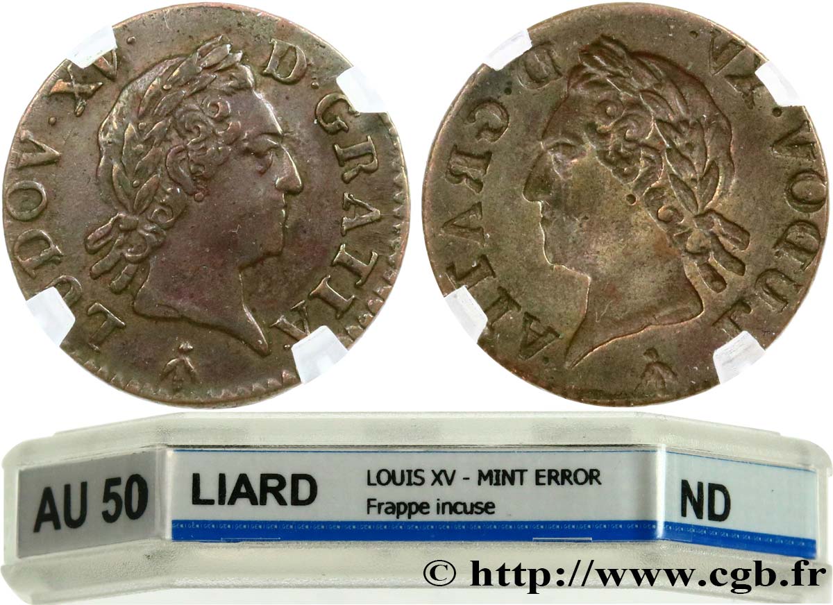 LOUIS XV THE BELOVED Liard dit  à la vieille tête , frappe incuse n.d. Toulouse AU50