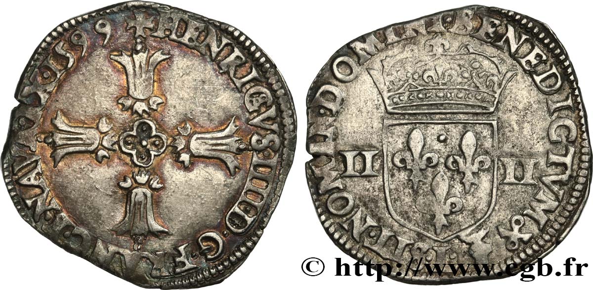HENRI IV LE GRAND Quart d écu, croix feuillue de face 1599 Bayonne TTB
