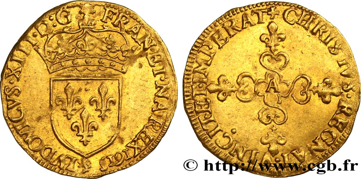 LOUIS XIII LE JUSTE Écu d or au soleil, à la croix anillée fleurdelisée 1615 Paris TTB+