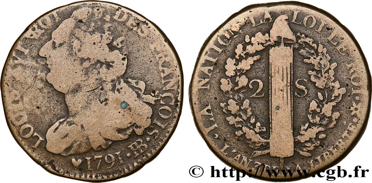 LOUIS XVI (MONARQUE CONSTITUTIONNEL) 2 sols dit au faisceau , type FRANÇOIS 1791 Strasbourg TB