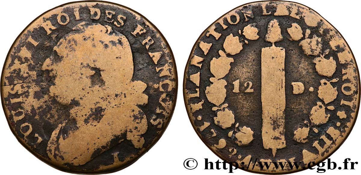 LOUIS XVI (MONARQUE CONSTITUTIONNEL) 12 deniers dit au faisceau , type FRANCOIS 1792 Limoges B