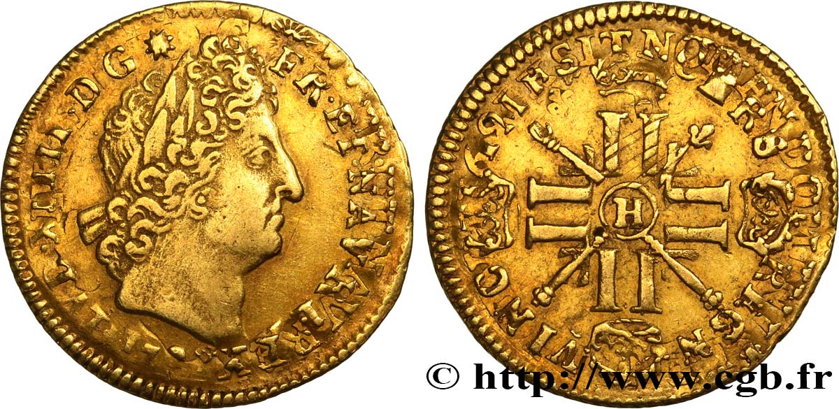 LOUIS XIV  THE SUN KING  Louis d’or aux huit L et aux insignes n.d. La Rochelle XF
