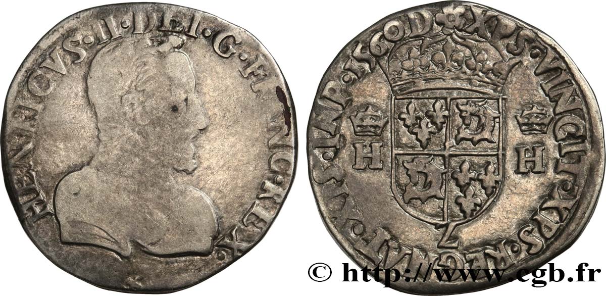 FRANCIS II. COINAGE IN THE NAME OF HENRY II Teston du Dauphiné à la tête nue 1560 Grenoble VF/VF