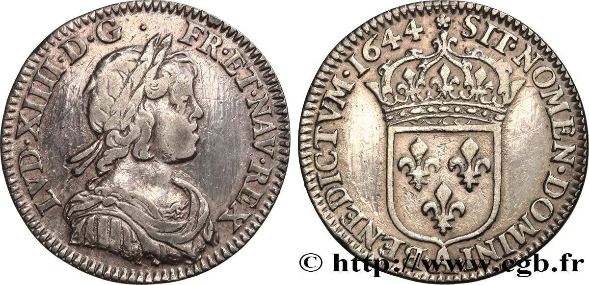 LOUIS XIV LE GRAND OU LE ROI SOLEIL Douzième d écu, portrait à la mèche courte 1644 Paris, Monnaie de Matignon TTB