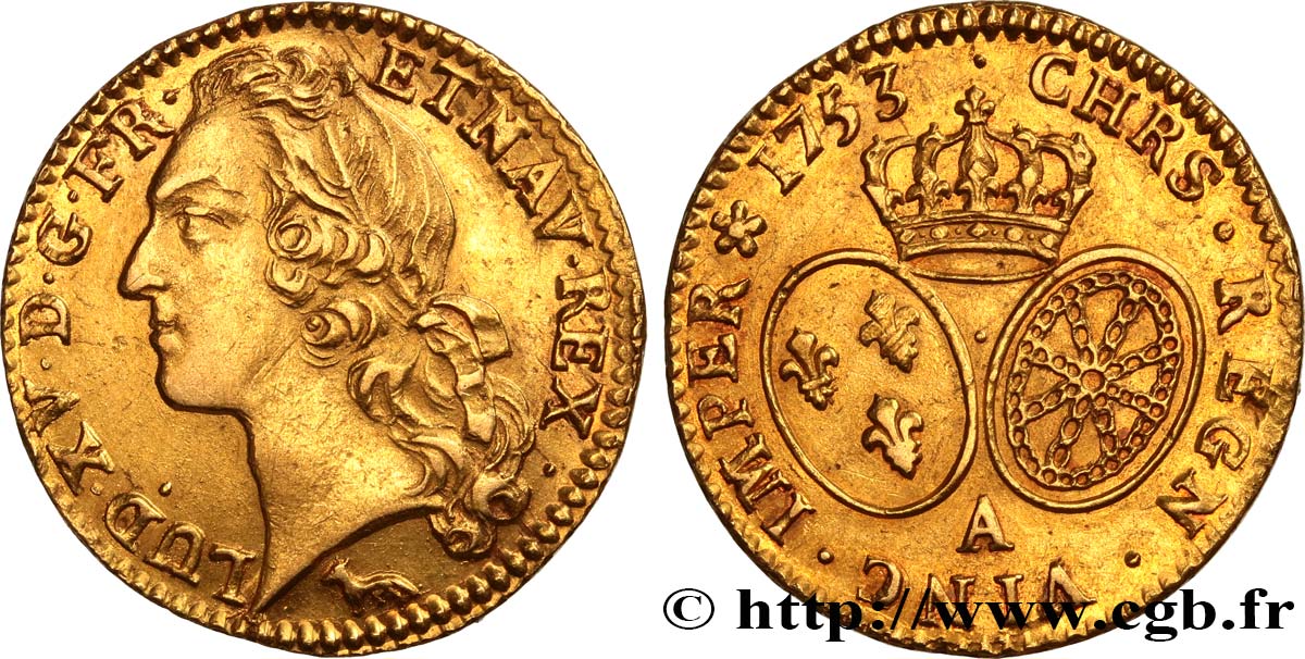 LOUIS XV THE BELOVED Louis d’or aux écus ovales, tête ceinte d’un bandeau 1753 Paris AU