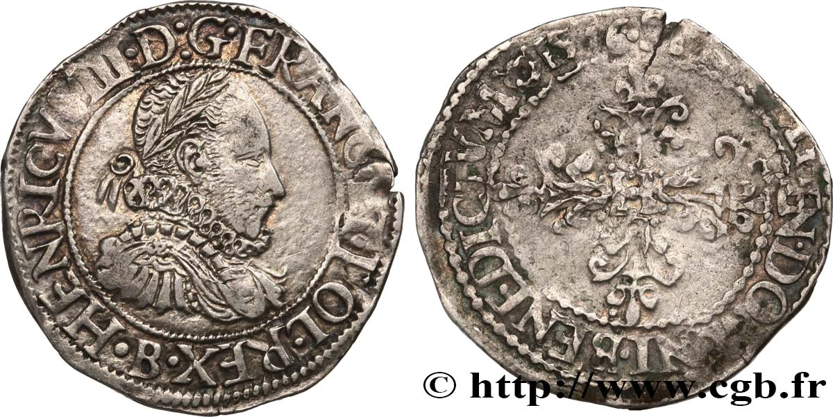 HENRY III Quart de franc au col fraisé 1576 Rouen XF/VF