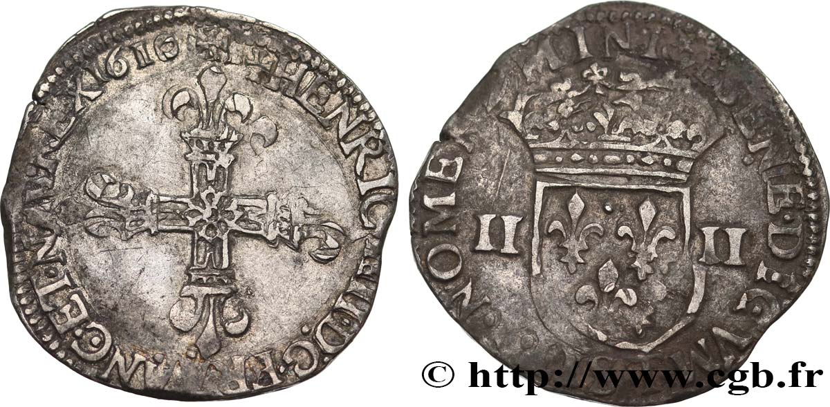 HENRY IV Quart d écu, croix bâtonnée et fleurdelisée de face 1610 Nantes XF