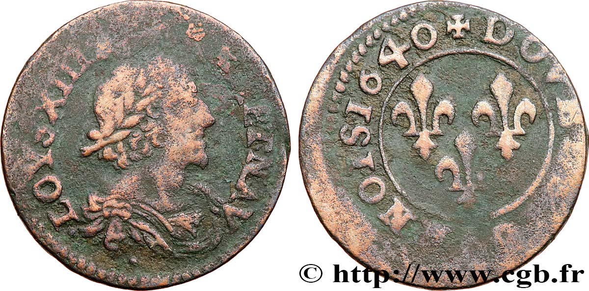 LOUIS XIII Double tournois au grand buste viril drapé 1640 Ateliers de l’axe Loire-Rhône S