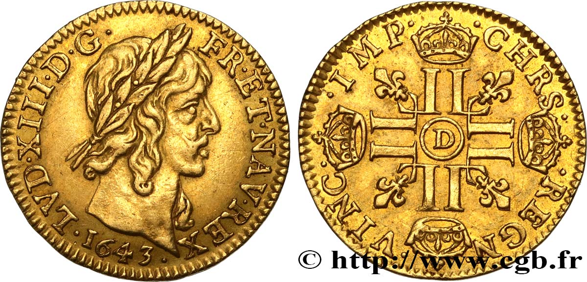 LOUIS XIII LE JUSTE Demi-louis d or aux huit L (effigie de Jean Warin) 1643 Lyon TTB+