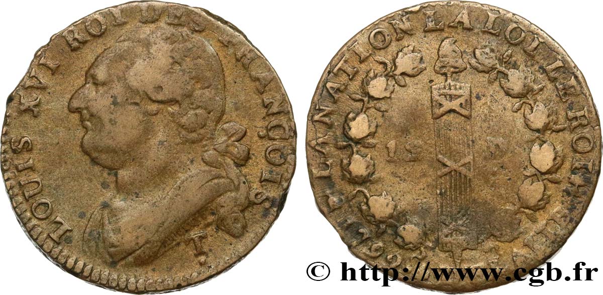 LOUIS XVI (MONARQUE CONSTITUTIONNEL) 12 deniers dit au faisceau , type FRANÇOIS 1792 Saumur TB
